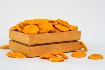 Dried fruits in wooden box . Free space for text. Products show for sale. Health food. Vegetarian Diet.  Studio photo. Copy space. Online shopping. Product for sale. Healthy food for dieting or snack.