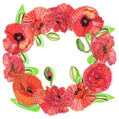 Poppy flower wreath, round frame, sketch and imitation watercolor