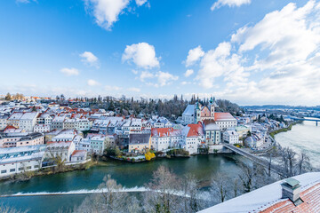city of steyr, panoramic view from castle schloss lamberg on a snowy day in april