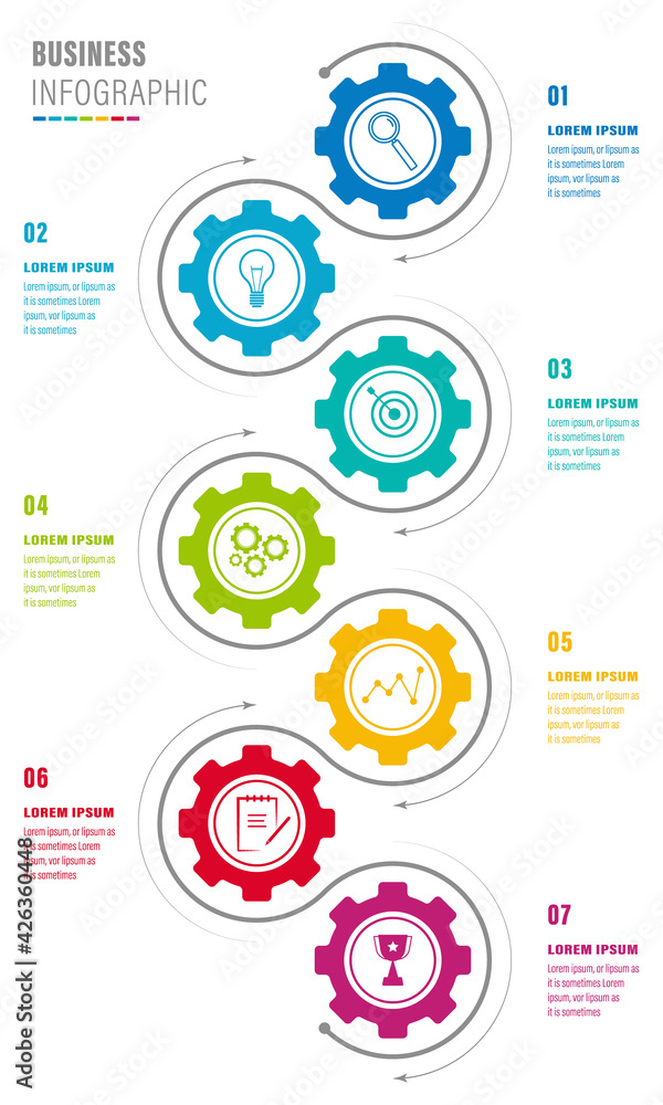 Aufkleber infographics design vector and business icons with 7 options for presentation and web site
