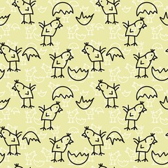 Childish seamless pattern chickens and eggs, white background. doodle style. Print for fabric, packaging, postcards.