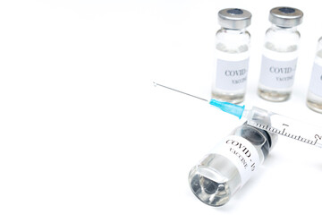 Bottles with coronavirus vaccine, developed for protection against COVID-19. Prevention disease...