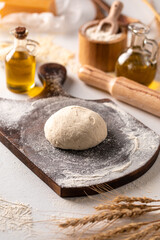 Preparation of dough with flour for kneading pizza cooking