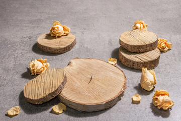 Modern set of wooden Stand Podiums with dry roses flowers on grey stone concrete background