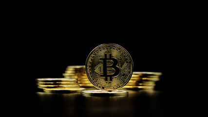 Bitcoin, the new virtual currency and new digital gold. On a black background.