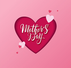 Mother's day greeting design concept with handwritten lettering in cut out heart and little hearts in pink colors. - Vector