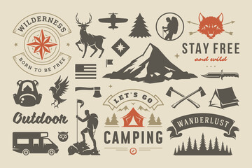 Camping and outdoor adventure design elements set, quotes and icons vector illustration.