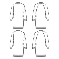 Set of Rib dresses Fisherman Sweaters technical fashion illustration with crewneck, long raglan sleeves, oversized, knee length, trim. Flat apparel front, back, white grey color. Women, men CAD mockup