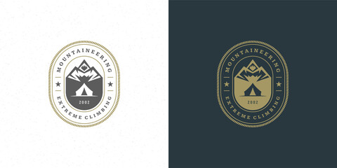 Mountains logo emblem outdoor adventure camping vector illustration mountain and tent silhouettes
