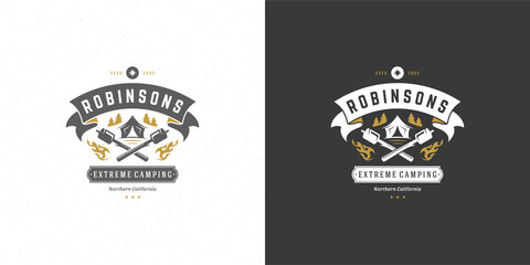 Campfire logo emblem vector illustration outdoor forest camping with marshmallow bonfire silhouettes