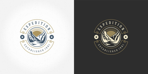 Mountain camping logo emblem outdoor landscape vector illustration rock hills silhouette for shirt or print stamp