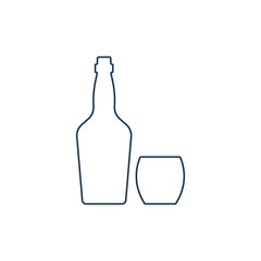 Whiskey bottle and glassware. Alcoholic drink for parties and celebrations. Simple black line shapes isolated. Illustration on white background. Flat design style for any purposes