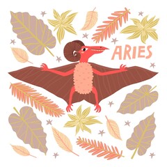 Hand drawn dinosaur aries zodiac sign isolated on white background. Funny flying monster with curving horns. Childish animal, horoscope cartoon vector illustration. Trendy creative kids t shirt print © passionastia