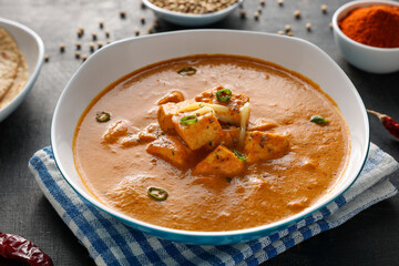 Paneer butter masala , Paneer tikka masala curry Delhi Mumbai North Indian vegetarian side dish butter paneer made using cottage cheese, Indian spices for roti, paratha, chapati - obrazy, fototapety, plakaty