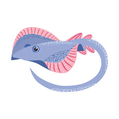 Stingray sails among the fish on a white background. illustration on a sea theme in a cartoon childlike style.