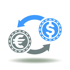 Coins dollar and euro with round transfer arrows vector icon. Currency exchange symbol. Money operations illustration.