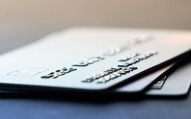 Pay cards. A stack of colorful credit cards close up. Online payment. Online shopping concept