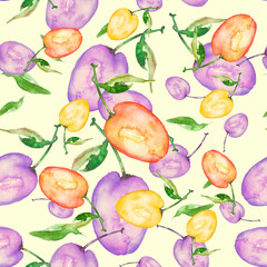 Watercolor seamless pattern. Apricot on a branch. Fruit plum, cherry plum, peach. Beautiful background for fabric, packaging, shawl.Watercolor drawing of apricot. Use for decoration and design.prune