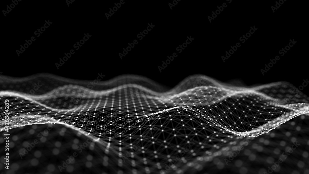 Fototapete The structure of connecting to the network of moving points. Information flow of particles. Digital background. 3D rendering.