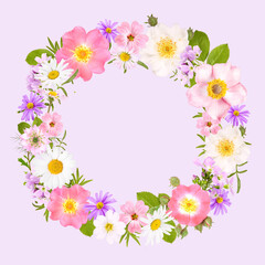 Flower wreath with roses, daisies and other flowers