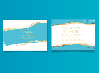 invitation cards with luxurious gold and dark blue marble background texture and abstract ocean style vector template for wedding, new year, events.