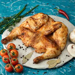 Whole fried tobacco chicken. Juicy baked or grilled chicken, poultry white meat with crispy crust. Barbecue concept.
