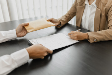 Corruption, Illegal money, Businesspeople giving bribe of money for making a contract..