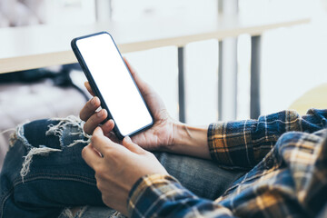 cell phone blank white screen mockup.woman hand holding texting using mobile on desk at office.background empty space for advertise.work people contact marketing business,technology