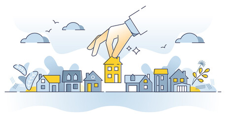 Choose property as find, purchase and pick real estate home outline concept