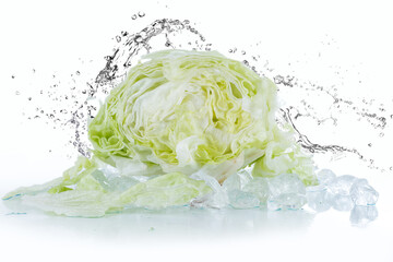 salad water splash on a white background with ice cubes and crushed ice