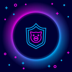 Naklejka na ściany i meble Glowing neon line Shield with pig icon isolated on black background. Animal symbol. Colorful outline concept. Vector