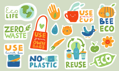 Ecological stickers. Collection of ecology stickers with slogans - eco life, zero waste, use lunch box, use your own bag, use your cup, bee eco, reuse. Bundle of bright vector design elements. Bird.