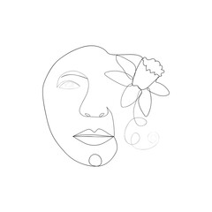 Woman face with flowers one line drawing. Half of the face is a flower. Continuous line drawing art. Nature cosmetics.
