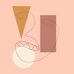 minimalist portrait of female face by one continuous line. Hand drawn abstract feminine print on a background of geometric shapes.