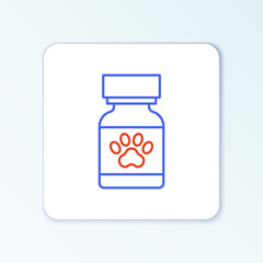 Line Medicine bottle and pills icon isolated on white background. Container with pills. Prescription medicine for animal. Colorful outline concept. Vector