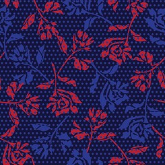 Obraz premium Red Navy Botanical Tropical Floral Seamless Pattern with dotted Background