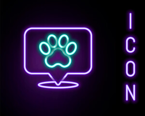 Glowing neon line Map pointer with veterinary medicine hospital, clinic or pet shop for animals icon isolated on black background. Veterinarian clinic. Colorful outline concept. Vector