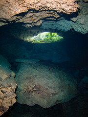 Opening of a stalactite underwater cave (Cenote Chikin Ha, Playa del Carmen, Quintana Roo, Mexico)