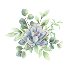 Watercolor vector bouquet with eucalyptus branches and succulent flower.