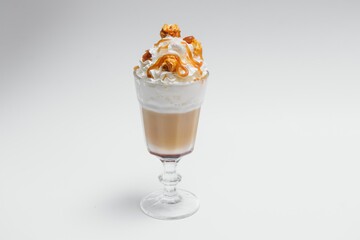 Tasty milk shake with chocolate topping on white background