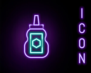 Obraz premium Glowing neon line Jar of honey icon isolated on black background. Food bank. Sweet natural food symbol. Colorful outline concept. Vector