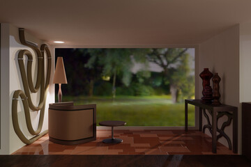 Livingroom with a large window and a garden view by night