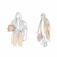 Fashion sketch set vector illustration. Stylish Woman set of continuous line drawing. Abstract minimal woman vector artwork. Logo, icon, label. Stylish woman walking
