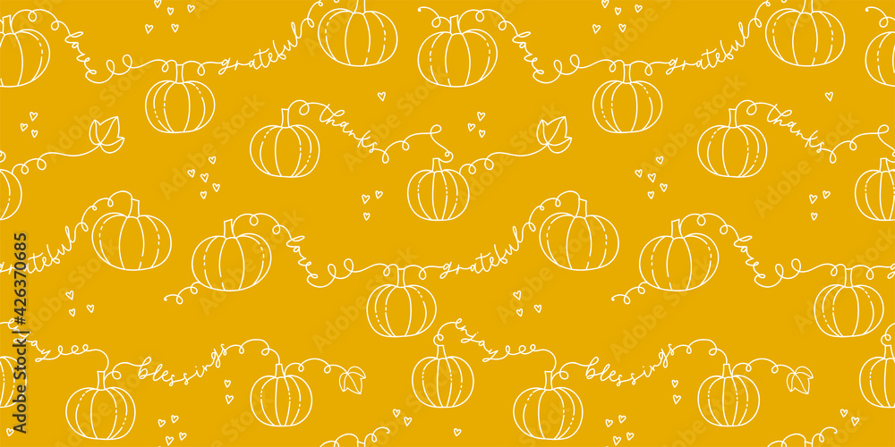 Wall mural Cute hand drawn Thanksgiving seamless pattern, doodle pumpkins, leaves and decorations - great for textiles, wrapping, banners, wallpapers, background - vector design