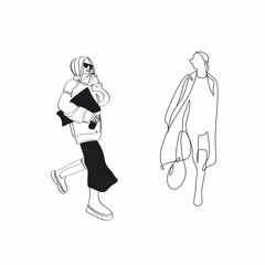 Fashion sketch set vector illustration. Stylish Woman set of continuous line drawing. Abstract minimal woman vector artwork. Logo, icon, label. Stylish woman walking