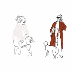 Fashion model concept, woman beauty minimalist, vector illustration. Luxury shop logo. Line art drawing woman