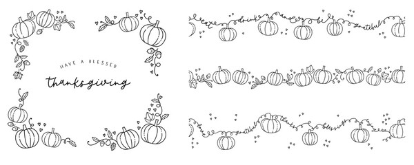 Obraz premium Cute hand drawn Thanksgiving frames and corners, doodle Pumpkins and decoration, great for banners, wallpapers, flyers - vector design