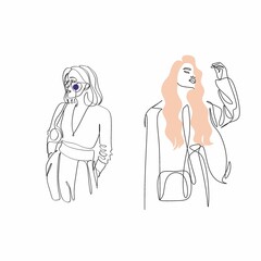 Fashion model concept, woman beauty minimalist, vector illustration. Luxury shop logo. Line art drawing woman