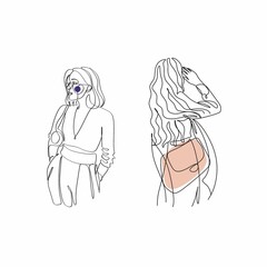 Fashion model concept, woman beauty minimalist, vector illustration. Luxury shop logo. Line art drawing woman