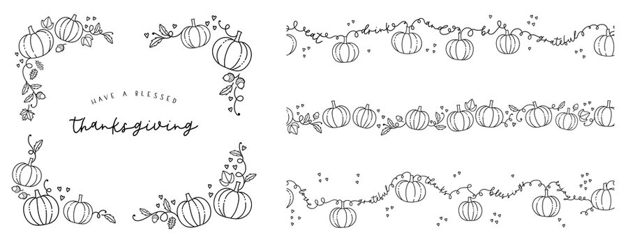 Cute hand drawn Thanksgiving frames and corners, doodle Pumpkins and decoration, great for banners, wallpapers, flyers - vector design